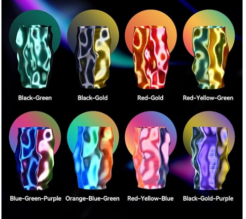 Acht kleurcombinaties geprint op een vaas: Black-Green, Black-Gold, Red-Gold, Red-Yellow-Green, Blue-Green-Purple, Orange-Blue-Green, Red-Yellow-Blue en Black-Gold-Purple